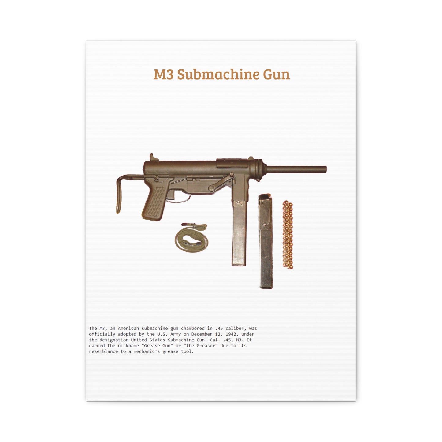 Grease Gun M3 submachine gun Matte Canvas, Stretched, 1.25"