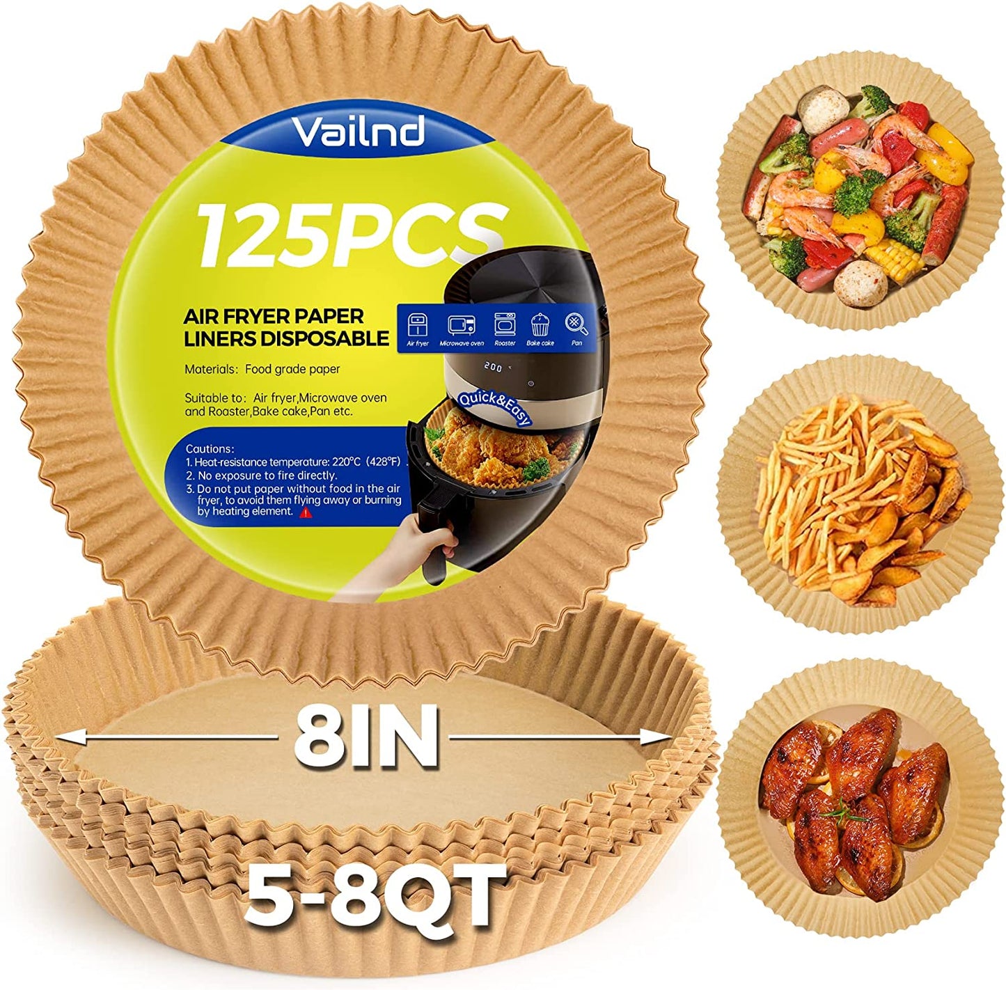 Air Fryer Paper Liners, 125Pcs Parchment Paper, Air Fryer Liner Disposable for Microwave, Non-Stick Air Fryer Liners Square Free of Bleach (8IN)
