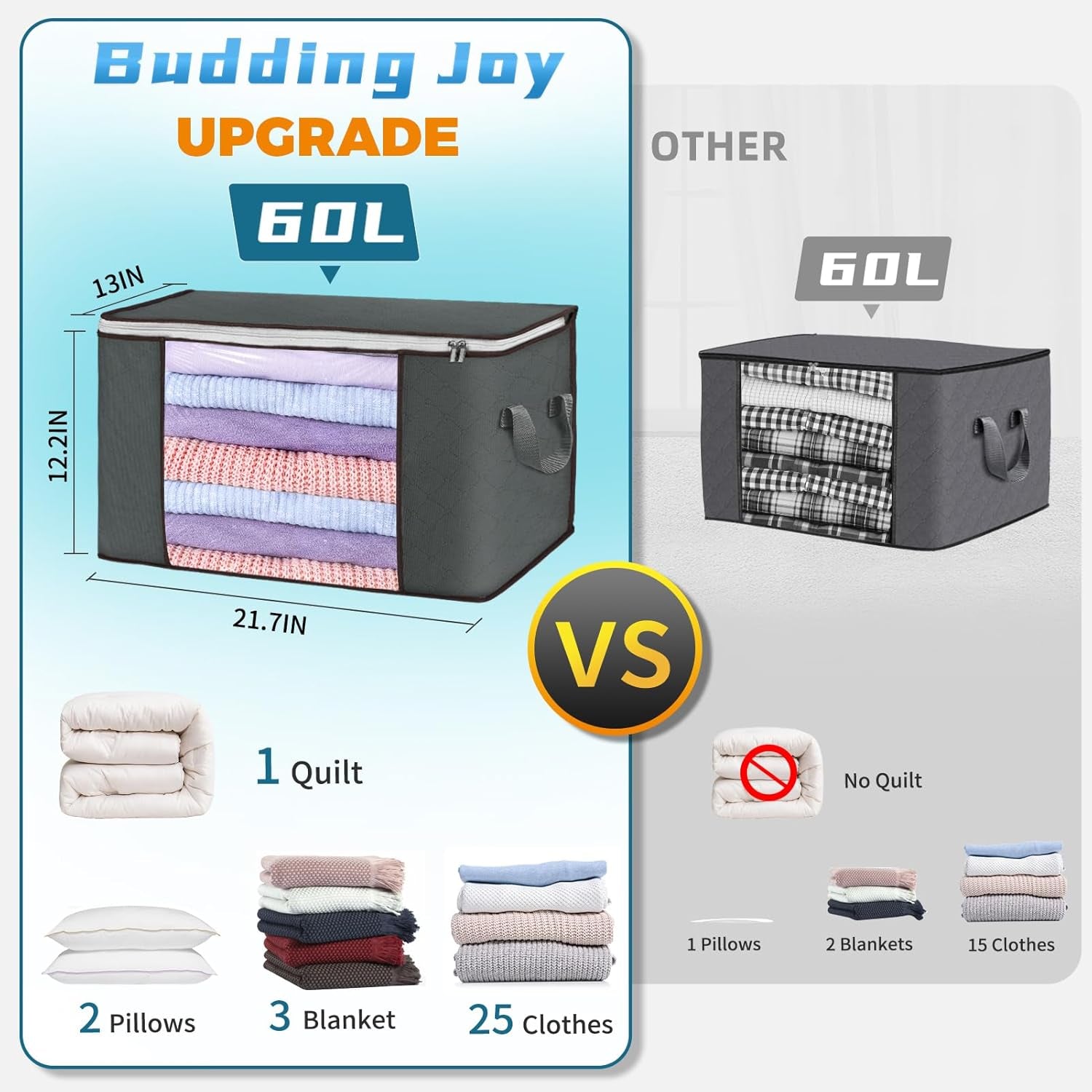 Clothes Storage, Foldable Large Storage Bags, Storage and Organization for Clothing, Blanket, Comforter, Clothes, Pillows, Toys, Closet Organizers with Enhanced Handle, 60L 6 Pack Gray