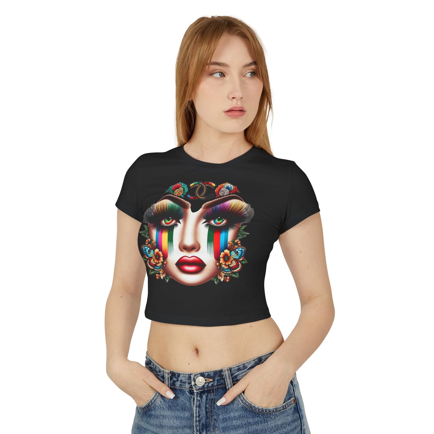 Vibrant Graphic Women's Baby Tee - Colorful Floral Face Design