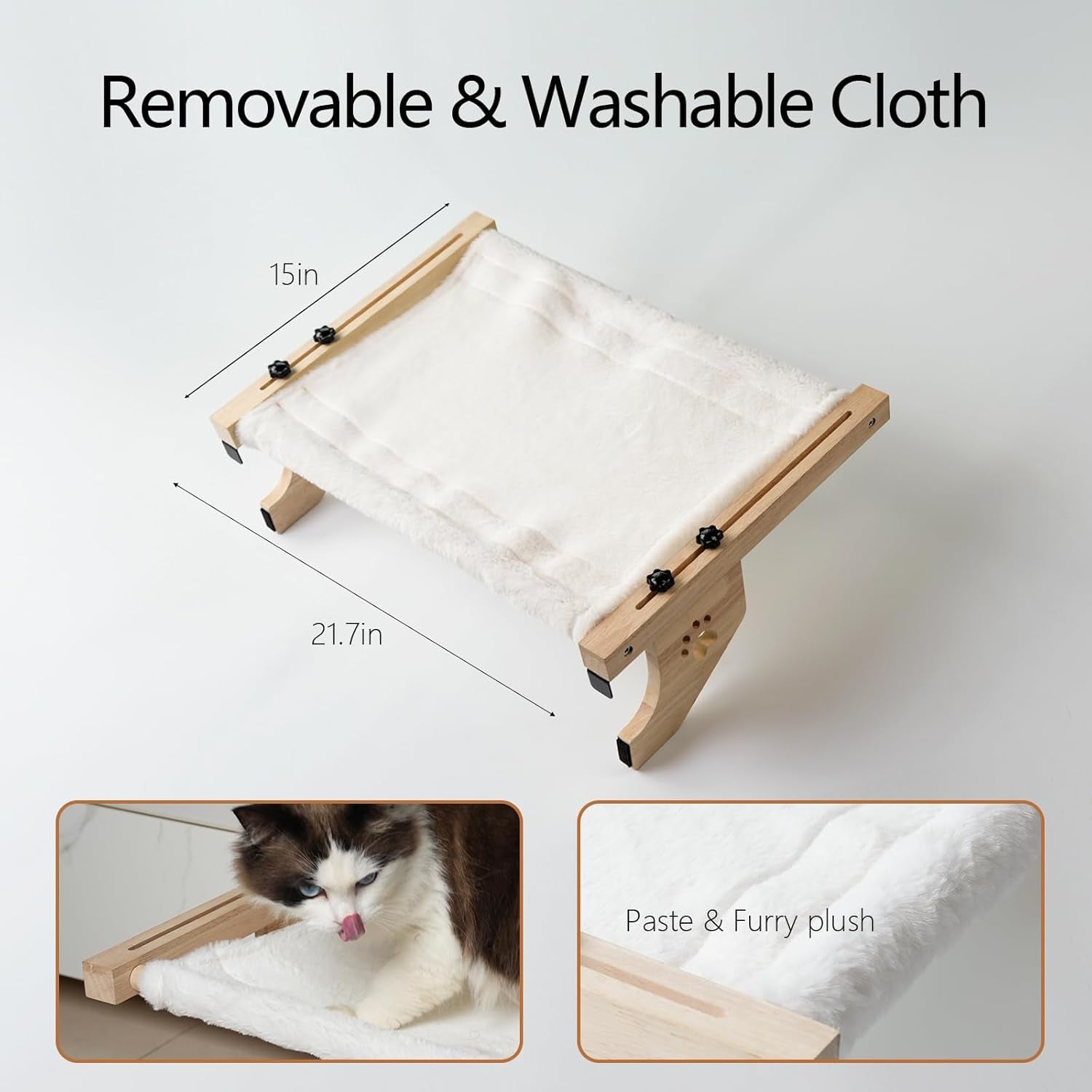 21.7'' Cat Window Perch Bed,  Sturdy & Durable Window Hammock for Cats with Ledges, Wooden Cat Window Perch for Indoor Cats Easy to Assemble for Windowsill, Bedside and More (White Plush)