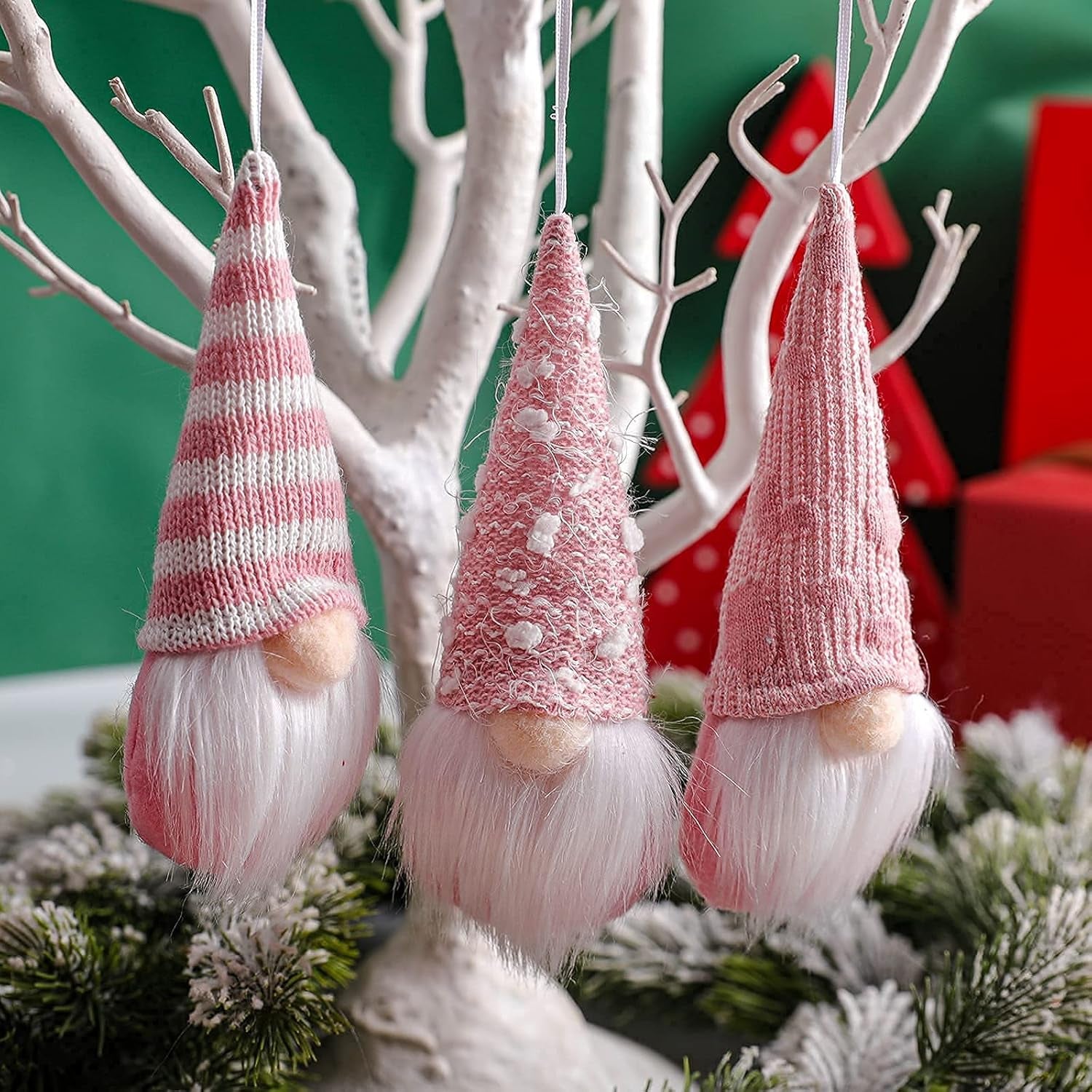 Gnome Christmas Ornaments Set of 3, Christmas Tree Ornaments Tomte Xmas Santa Gnomes Plush Doll Decorative Xmas Party Faceless Gnomes Santa Elf Ornaments Holiday Decoration Home Decor (Pink Gnomes)