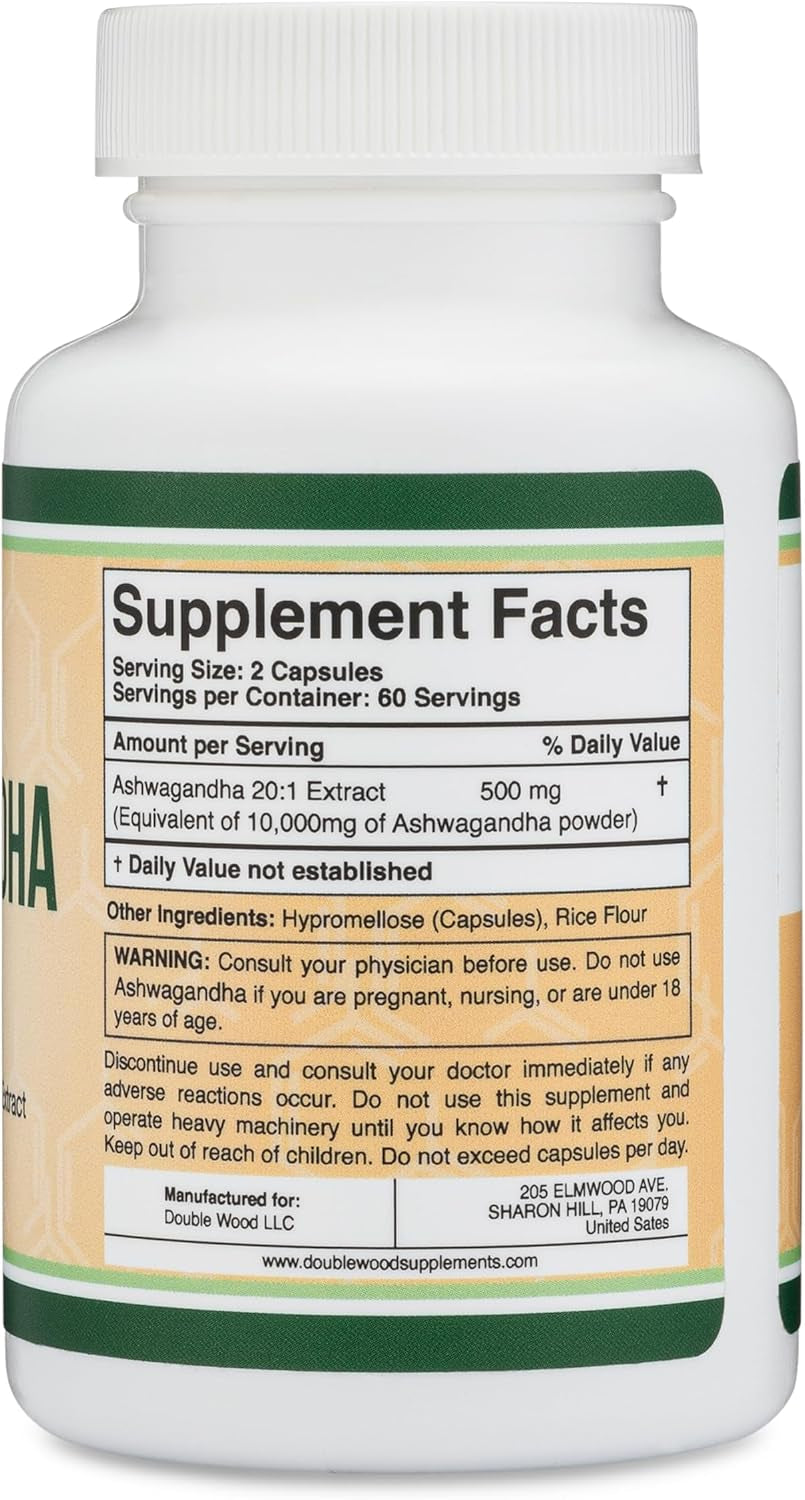 Ashwagandha Capsules, 120 Count (500Mg Extract 20:1 Potency) Adaptogen Stress Relief by Double Wood TLBH