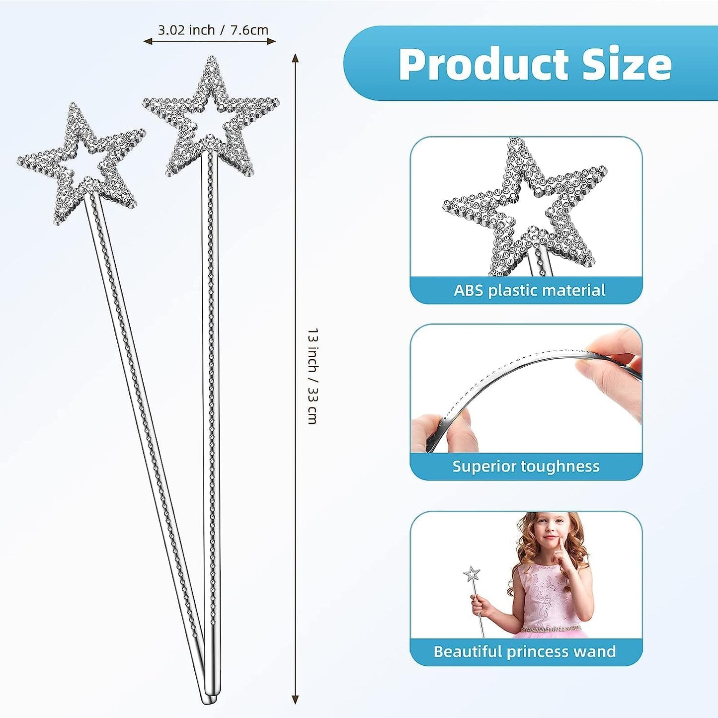 2 Pcs 13 Inch Star Wand Elf Baton Angel Wand Angel Fairy Wand Plating Wand Sticks for Princess Birthday Party Wedding Halloween Christmas Costume Cosplay Dress up Accessories（Silver）