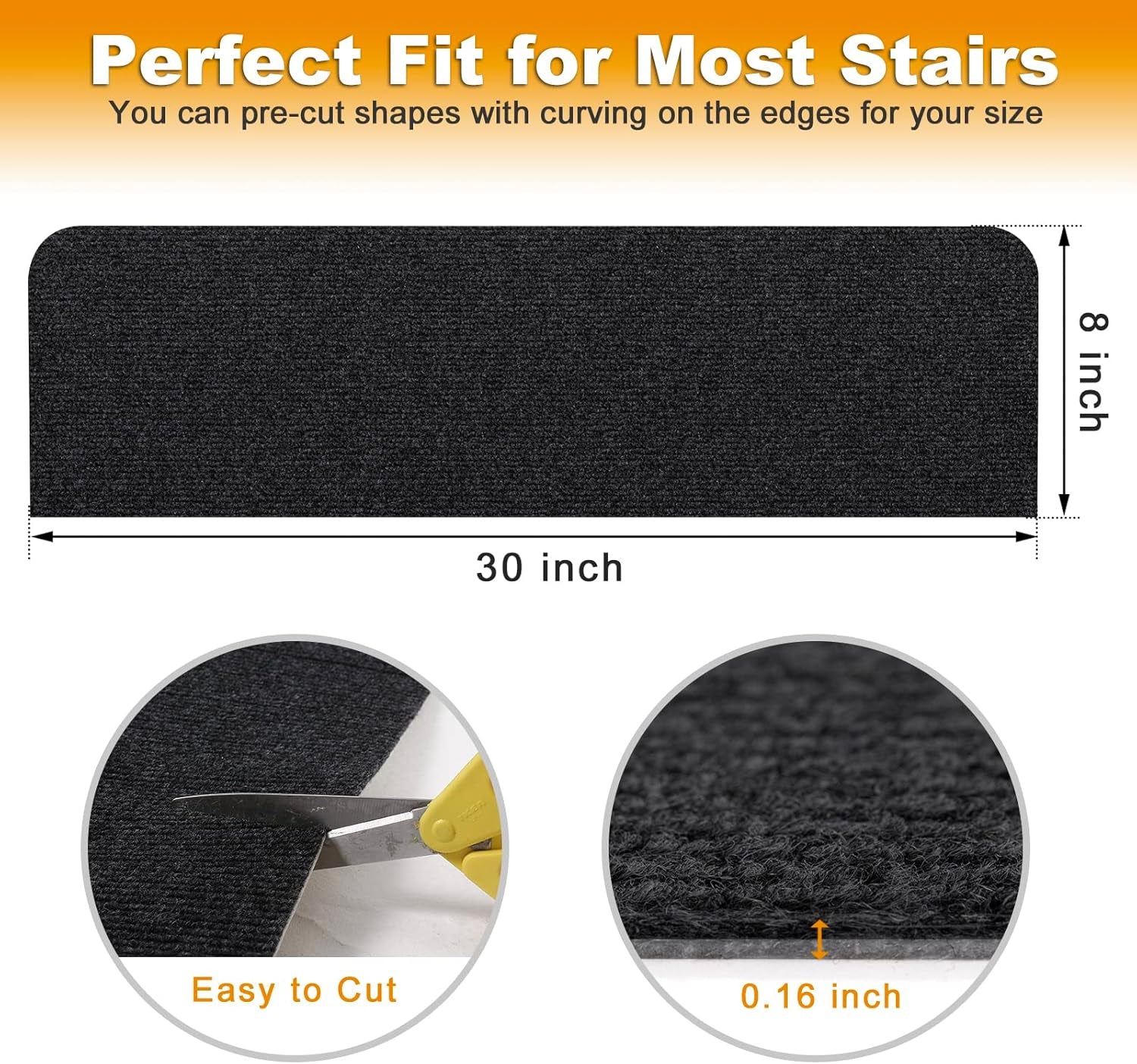 8X30In 15PCS Non-Slip Stair Treads Carpet, Self-Adhesive Stair Treads for Wooden Steps, Indoor Safety Staircase Step Treads, anti Slip Stair Runner Mats for Elders, Kids and Dogs (Black)