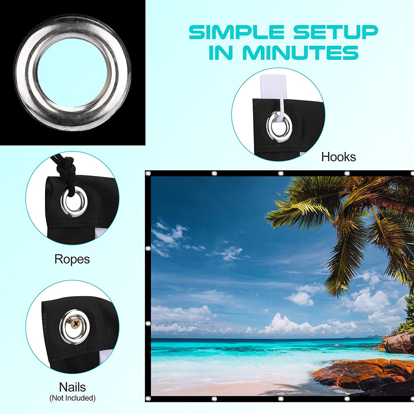 Outdoor Projection Screen 150 Inch, Washable Projector Screen 16:9 Foldable Anti-Crease Portable Projector Movies Screen for Home Theater Outdoor Indoor Support Double Sided Projection