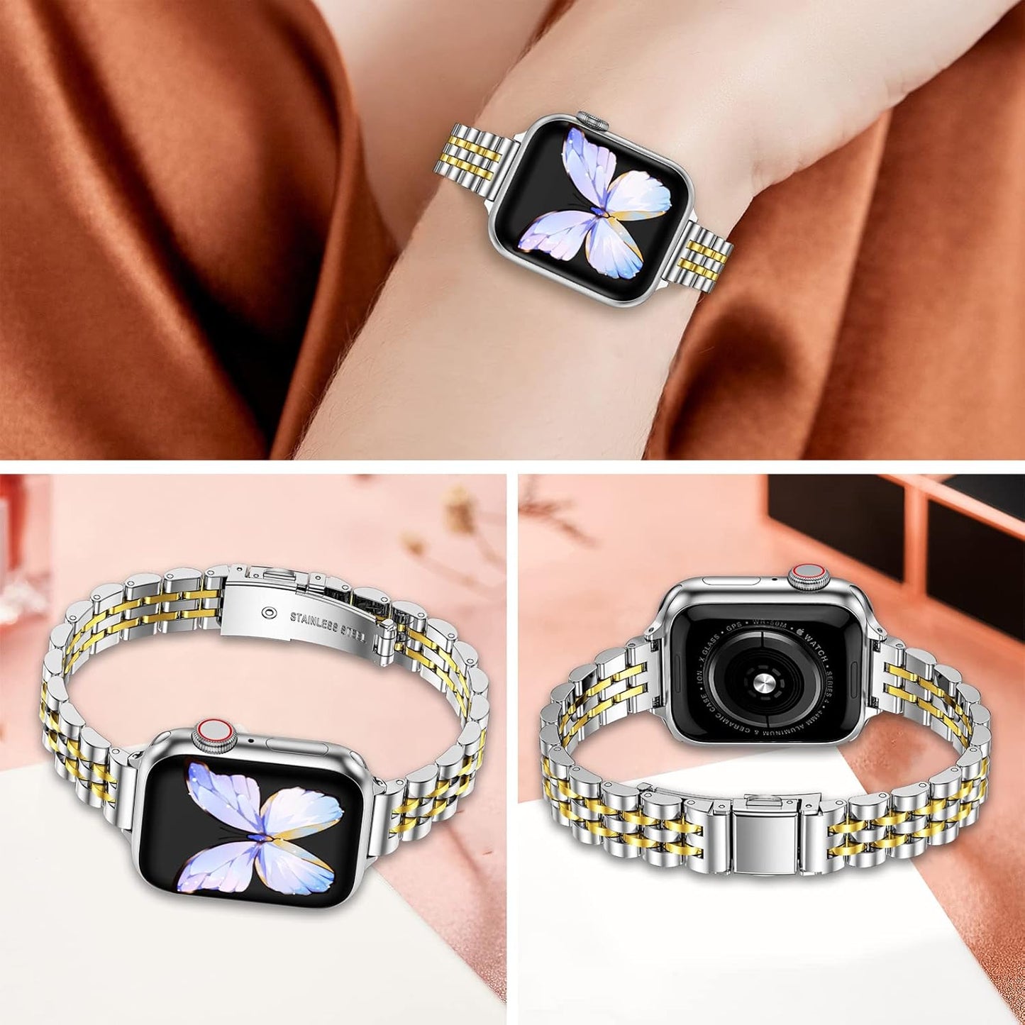 Slim Metal Bands Compatible with Apple Watch Ultra 2 1Band (49Mm) Series 9/8/7(45Mm 41Mm),Series SE 6/5/4(40Mm 44Mm),Series 3/2 /1(38Mm 42Mm), Thin Stainless Steel Chain Strap for Women Iwatch Band