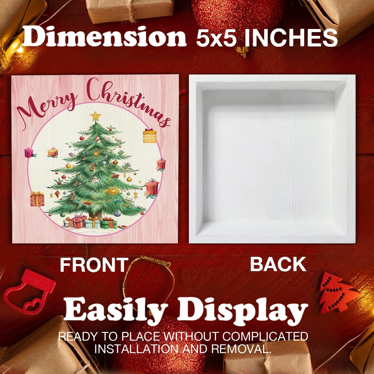 Pink Christmas Decor, Merry Christmas Wooden Sign Home Decor, Christmas Tree Wooden Block Sign, Christmas Decor for Table Shelf 5 X 5 Inch