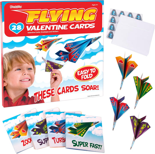 28-Pack Flying Paper Airplanes Valentines Cards for Kids Classroom with Envelopes I Valentines Day Cards for Kids School | Party Favor Bulk Toys, Classroom Toy | Origami Paper Airplane Kit