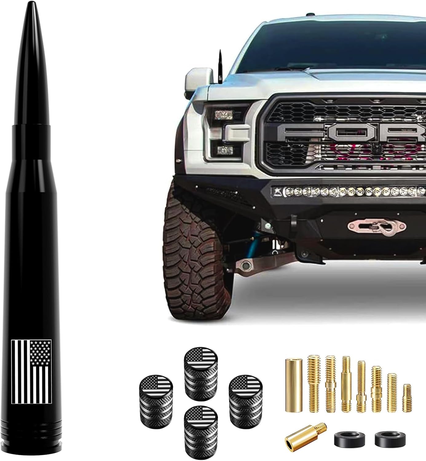 American Flag Car Truck Antenna with Valve Stem Caps, Universal Mast for GM Chevy Silverado 1500 2500 3500 HD Avalanche Ford F150 F250 F350 Denali Heavy Duty Pickup Trucks Accessories (Black)
