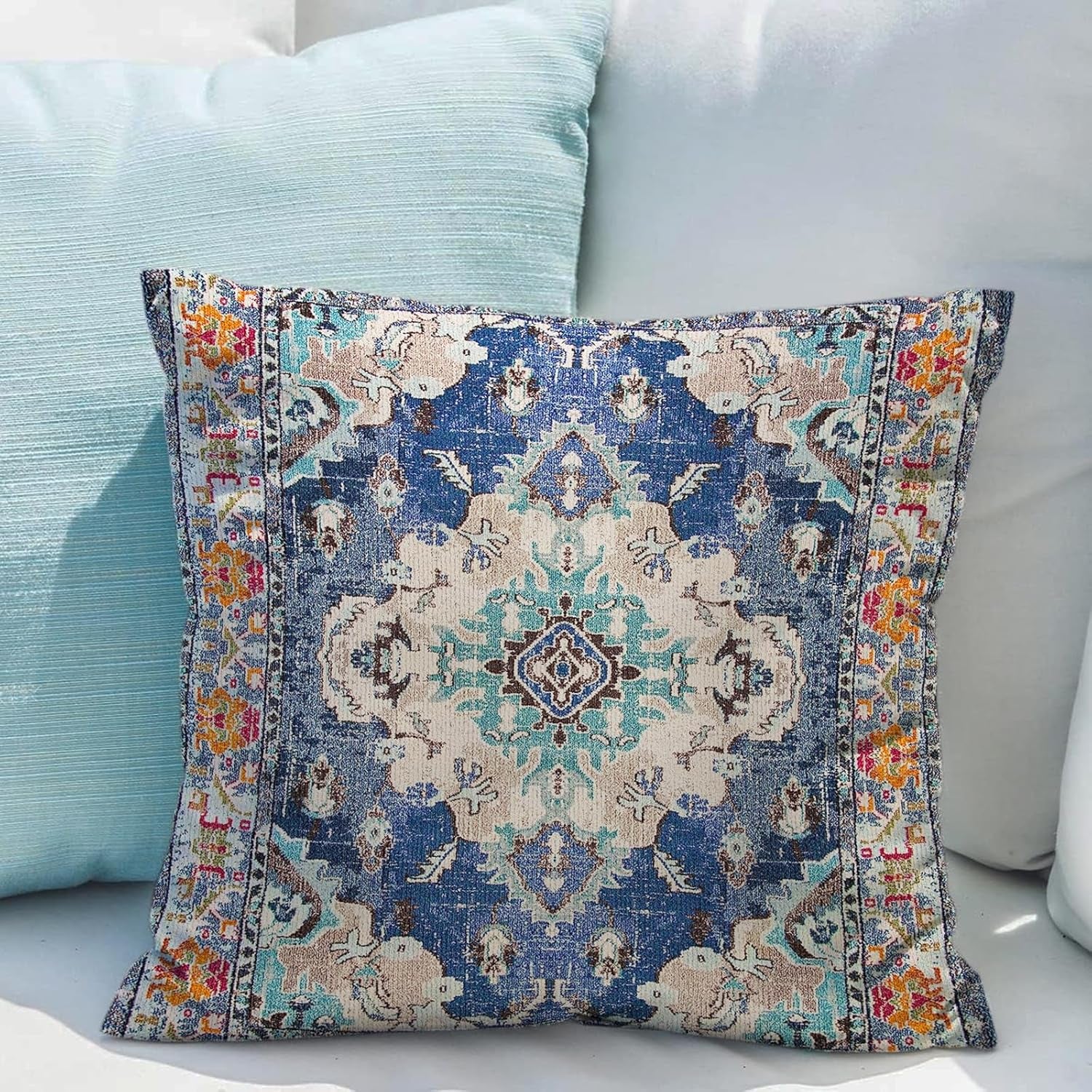 Boho Throw Pillow Covers 20X20 Inch Set of 2 Boho Rug Carpet Double Sided Pattern Cotton Soft Pillow Case Cushion Cover Pillowcase for Couch Sofa Bed Decorative (Blue)
