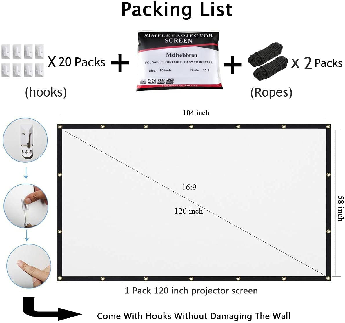 120 Inch Projector Screen 16:9 Foldable Anti-Crease Portable Projector Movies Screens for Home Theater Outdoor Indoor Support Double Sided Projection