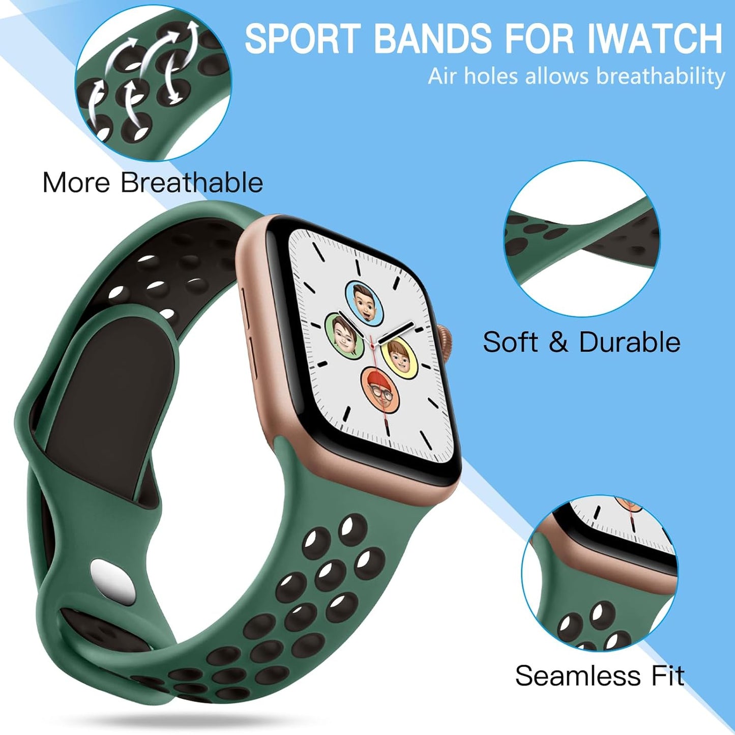 Compatible with Apple Watch Bands 41Mm 40Mm 38Mm for Women Men, Breathable Air Holes Silicone Replacement Sport Band for Iwatch SE Series 9 8 7 6 5 4 3 2 1, Black/Anthracite/Black/Pinegreen,S/M