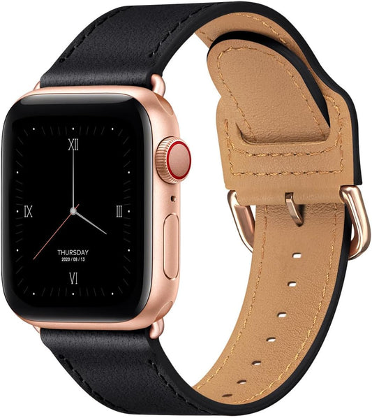 Bands Compatible with Apple Watch Band 38Mm 40Mm 41Mm 42Mm 44Mm 45Mm 49Mm, Genuine Leather Strap Compatible for Women Men Iwatch SE Ultra Series 9 8 7 6 5 4 3 2 1 (Black/Rosegold)