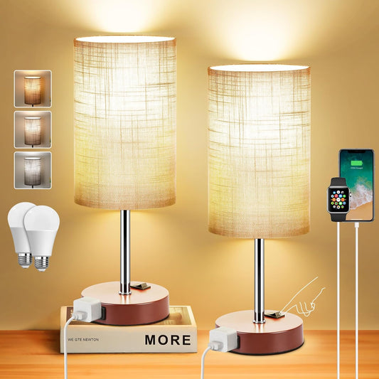 Table Lamp for Bedroom Set of 2, Bedside Small Lamps with 3 Way Dimmable Rocker Switch and AC Outlet, Nightstand Desk Lamp with Gray Fabric Shade Brown Base for Living Room Home Decor Lights