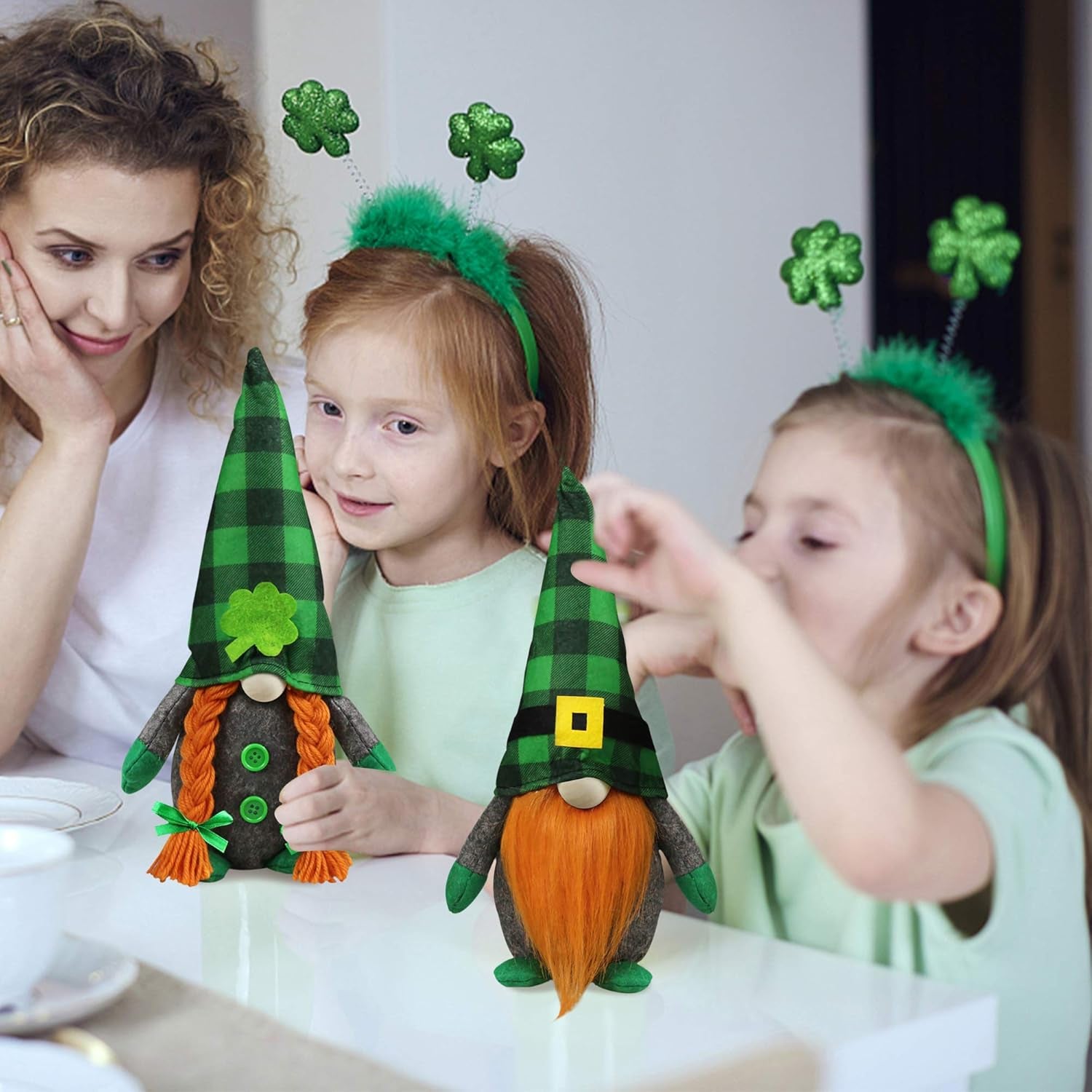 St.Patrick'S Day Gnome Plush Elf Decorations - Mr and Mrs Green Buffalo Check Plaid Handmake Scandinavian Tomte - Saint Patrick'S Day Irish Decorations, Home Table Ornament