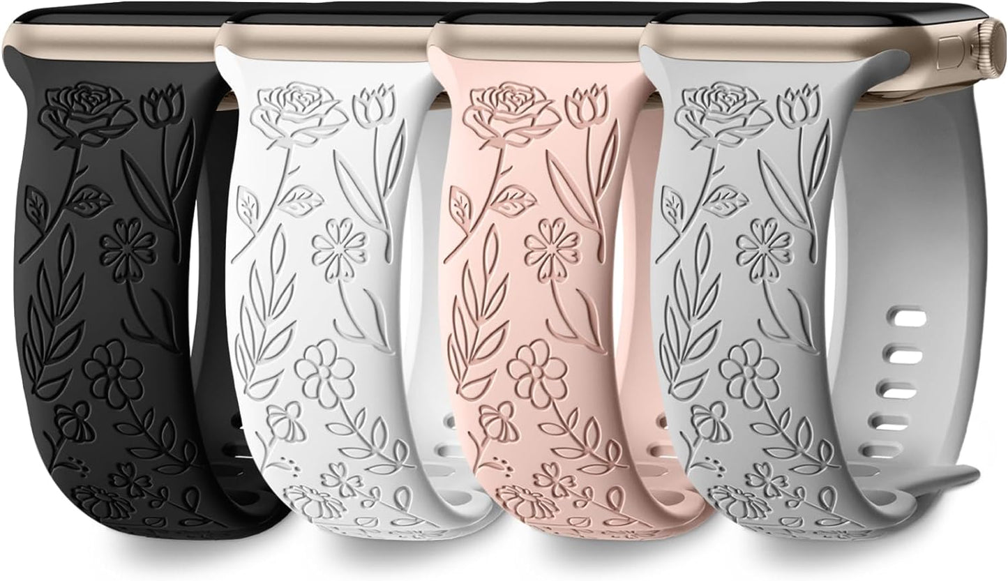 4 Pack Floral Engraved Band Compatible with Apple Watch Band 38Mm 40Mm 41Mm 42Mm 44Mm 45Mm 49Mm Women, Soft Silicone Cute Flower Pattern Sport Strap for Iwatch Bands Series 9 8 7 6 5 4 3 2 1 SE