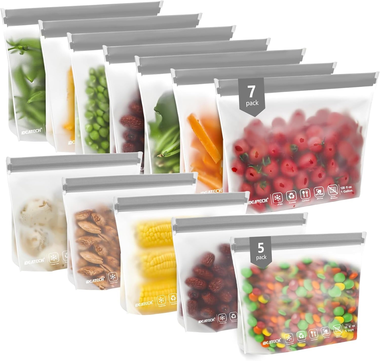 20Pack Dishwasher Safe Reusable Bags, Leakproof Reusable Freezer Bags, BPA Free Reusable Food Storage Bags Sandwich Bags Snack Bags for Lunch Travel(8 Gallon 6 Quart 6 Snack,Colored)