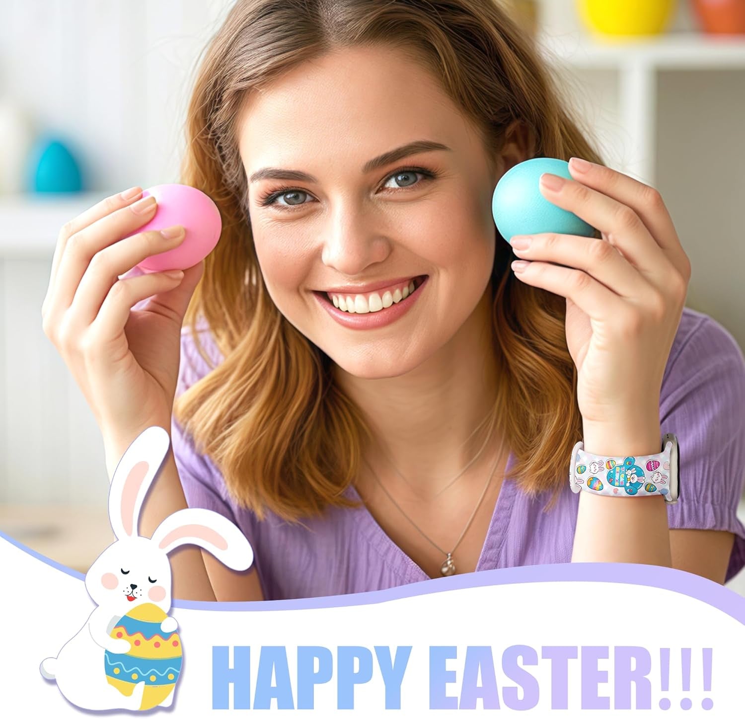 Easter Apple Watch Bands for Women Men 41Mm 42Mm 44Mm 45Mm 46Mm 49Mm 38Mm 40Mm,Soft Silicone Holiday Strap Easter Apple Watch Band for Apple Watch Series 10 9 SE 8 7 6 5 4 3 2 1 Ultra 2 1-Easter Rabbits & Eggs