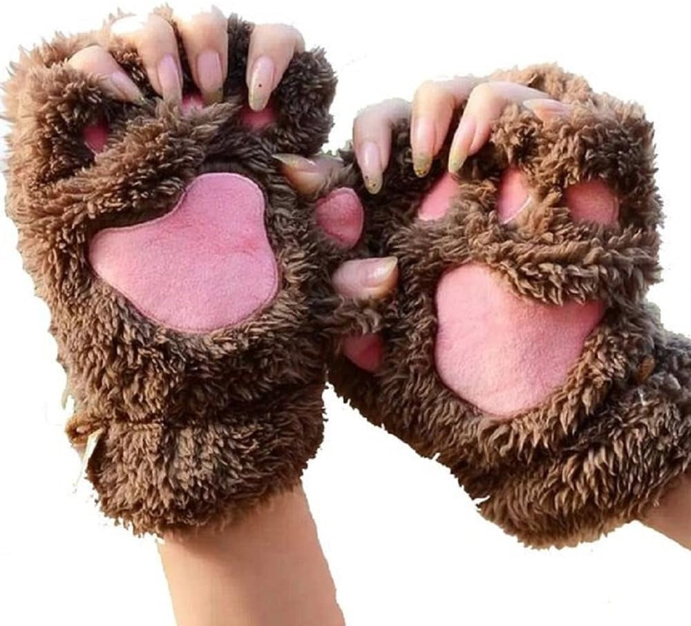 Cat Claw Bear Paw Fingerless Winter Plush Gloves 1*Pair
