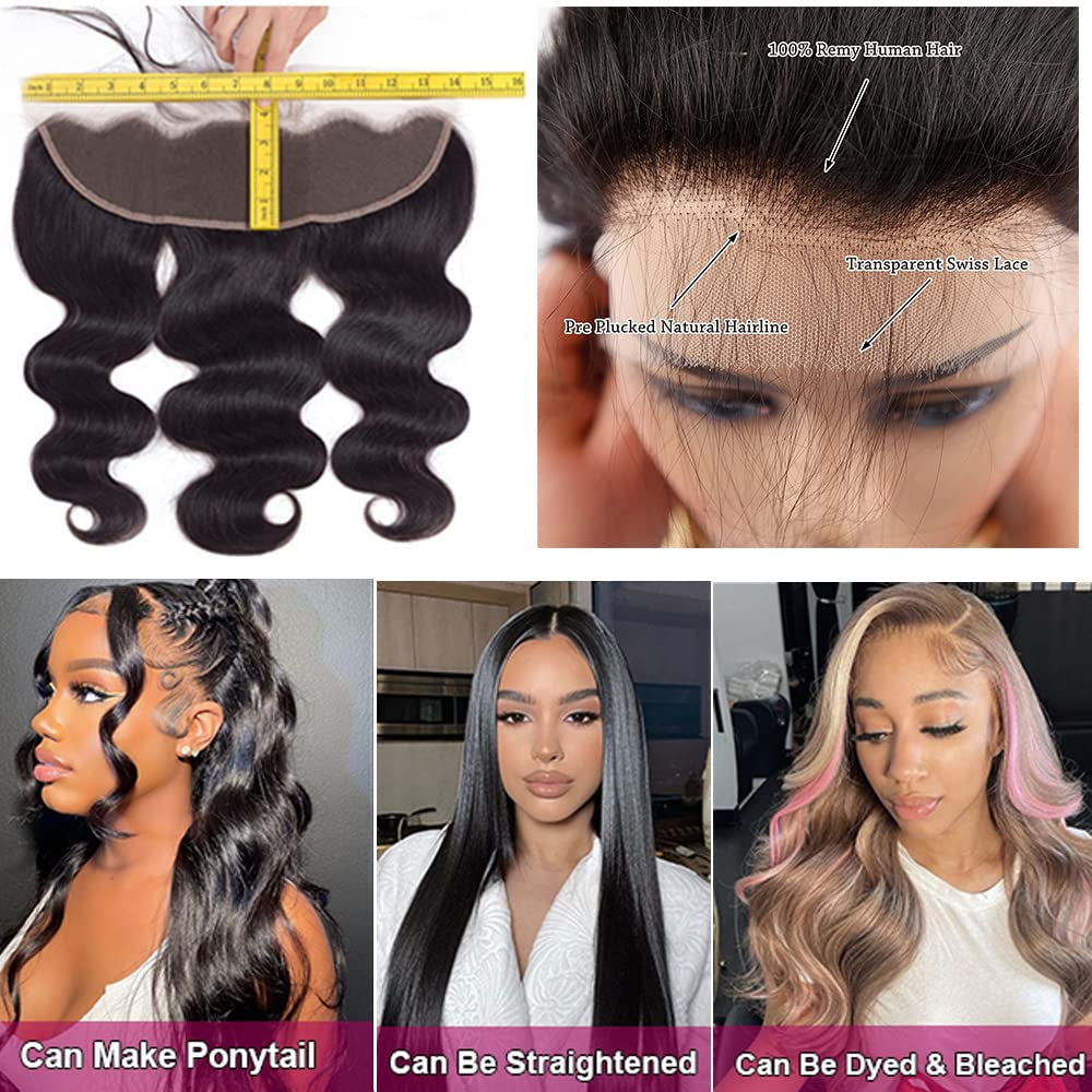 13X4 Ear to Ear Body Wave Lace Frontal Closure Brazilian Virgin Human Hair Transparent HD Lace Frontal Closure with Baby Hair Pre Plucked Natural Hairline Free Part 10 Inch Natural Black Color