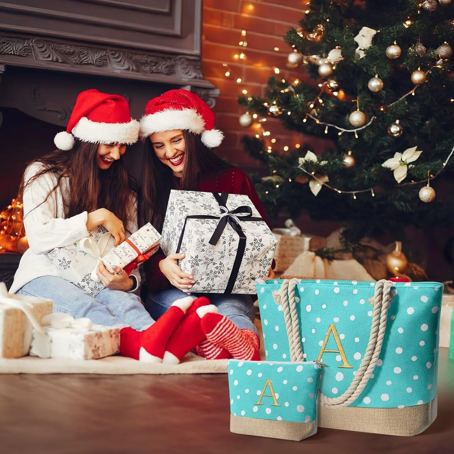 Gifts for Women - Personalized Birthday Gifts for Mom Friend, Travel Gifts Beach Tote Bag & Makeup Bag