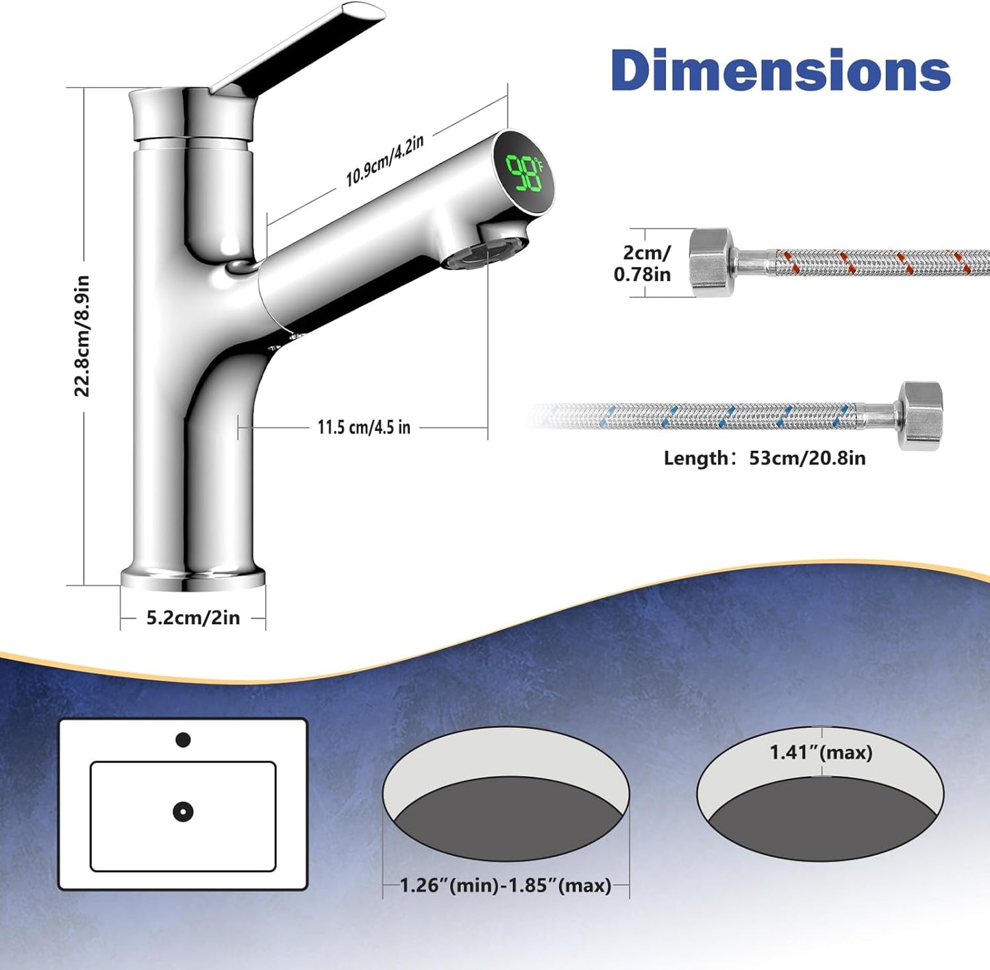 Bathroom Sink Faucet with Pull Out Sprayer, Temperature Digital Display Basin Faucets for 1 Hole Single Handle Lavatory Vanity Faucet Rv Single Hole Bath Faucet, Chrome