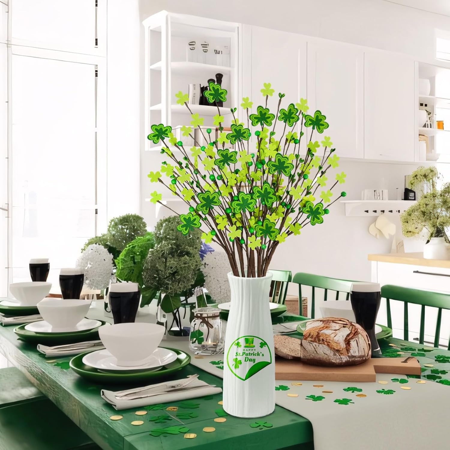 6Pcs St Patricks Day Decorations, 23.8" Artificial Shamrock Picks Fake Green Berry Stems Clover Flower Floral Branches for Home Party Table Centerpiece St. Patrick'S Day Decor