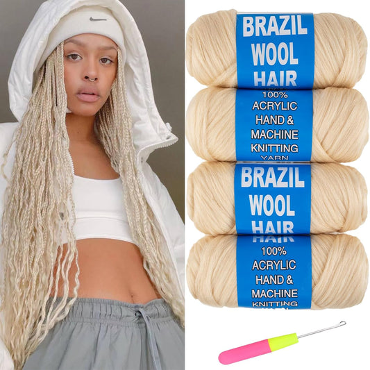 4 Pcs Blonde Brazilian Wool Hair for Braids Acrylic Hand Knitting Yarn for Crochet Box Braid Senegalese Twisting Jumbo Braids Faux Locs Crochet Hair Braiding Hair Extension(#613)