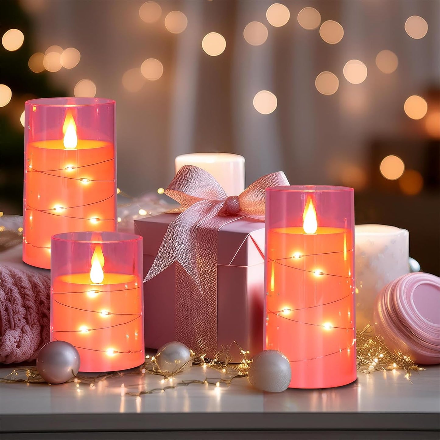 Flickering Flameless Candles Battery Operated Candles LED Candles with Remote Timer for Home/Wedding/Birthday/Holiday Decor, Cherry Blossom Pink 3D Flame Set of 3 (D3 Xh4 5" 6")