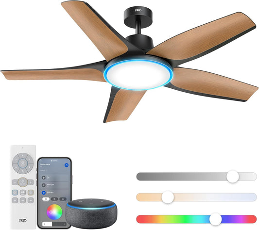 Smart Ceiling Fans with Lights, Low Profile Ceiling Fan with Alexa/App, 52'' Dimmable Lighting & Color Tuning, RGB Ambient Light for Living Room, Game Room, Easy Installation, Quiet, Black