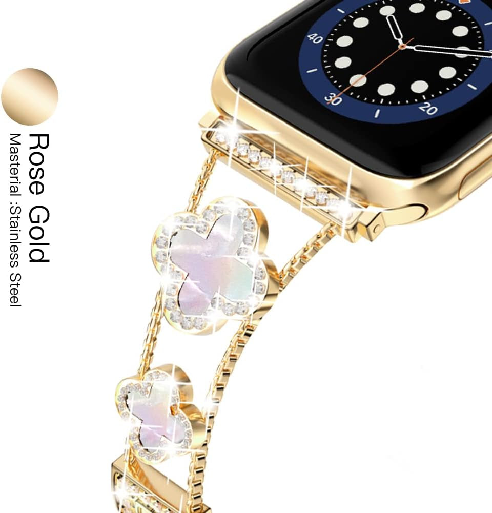 Diamond Metal Band Adds Sparkle to Your Watch - Compatible with Apple Watch Series 8/7/6/5/4/3/2/1Se/Ultra - Clover Is Simple and Stylish, Fits Women'S Sizes 38Mm 40Mm 41Mm 42Mm 44Mm 45Mm 49Mm.(Gold/Black, 42Mm/44Mm/45Mm)