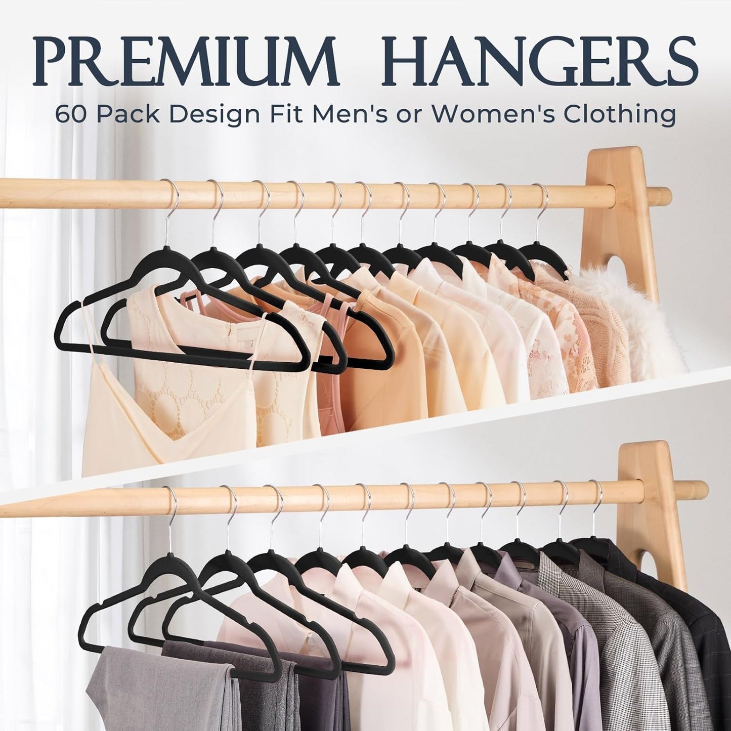 Black Velvet Hangers 60 Pack, Non Slip Clothes Felt Hanger Heavy Duty for Coat, Premium Slim Space Saving Suit Hangers for Closet Organizer, 360° Rotating Silver Hook