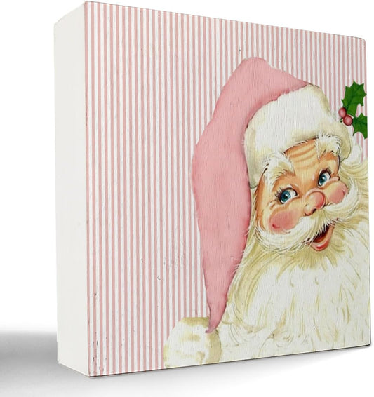 Pink Retro Santa Christmas Wooden Box Signs,Pink Christmas Sign,Santa Clause Christmas Decorations,Pink Christmas Decorations,Christmas Signs,Christmas Signs for Home Decor 5X5 Inch