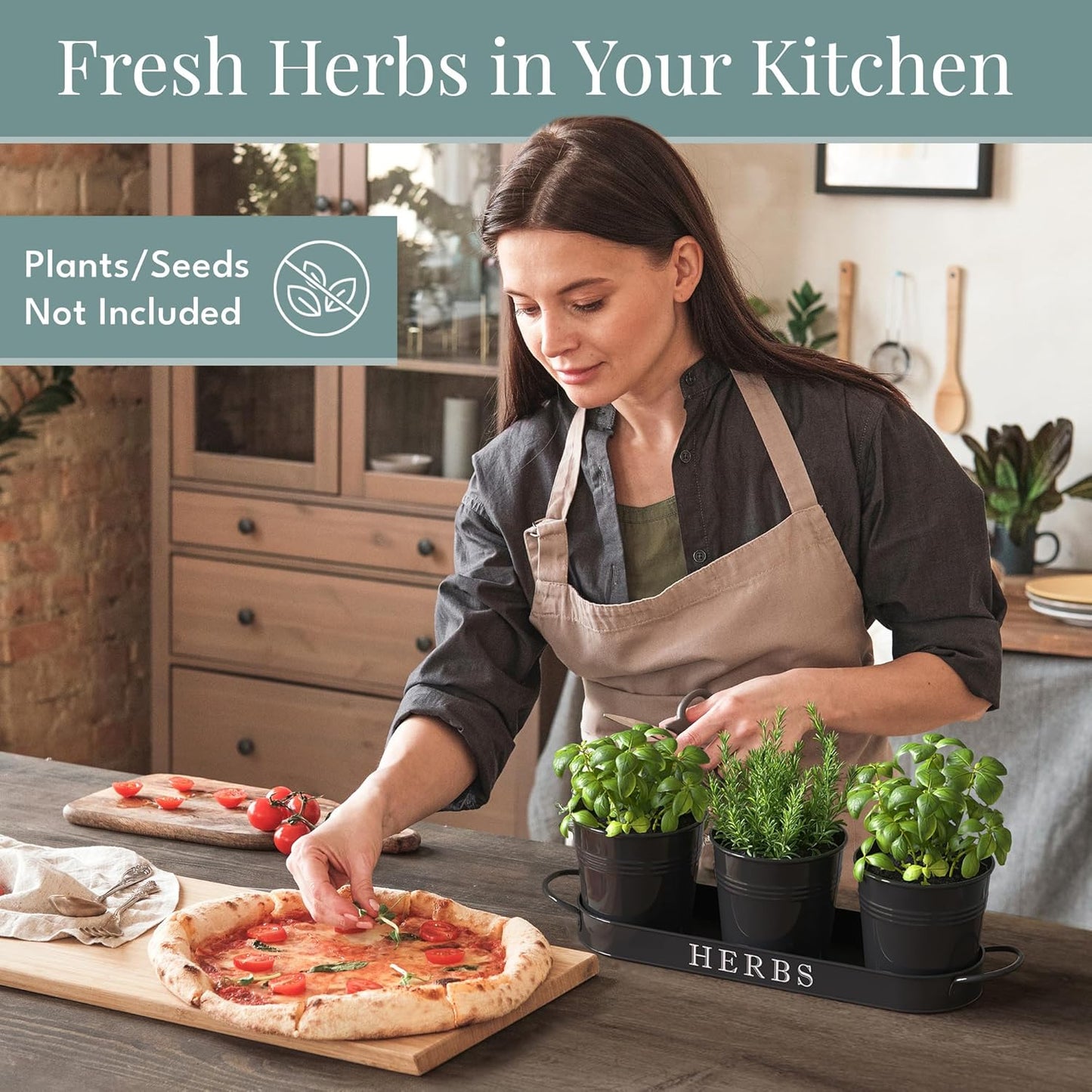 Indoor Herb Garden Planter Set with Tray, Metal Windowsill Plant Pots with Drainage for Outdoor or Indoor Plants, Set/3 (Black)