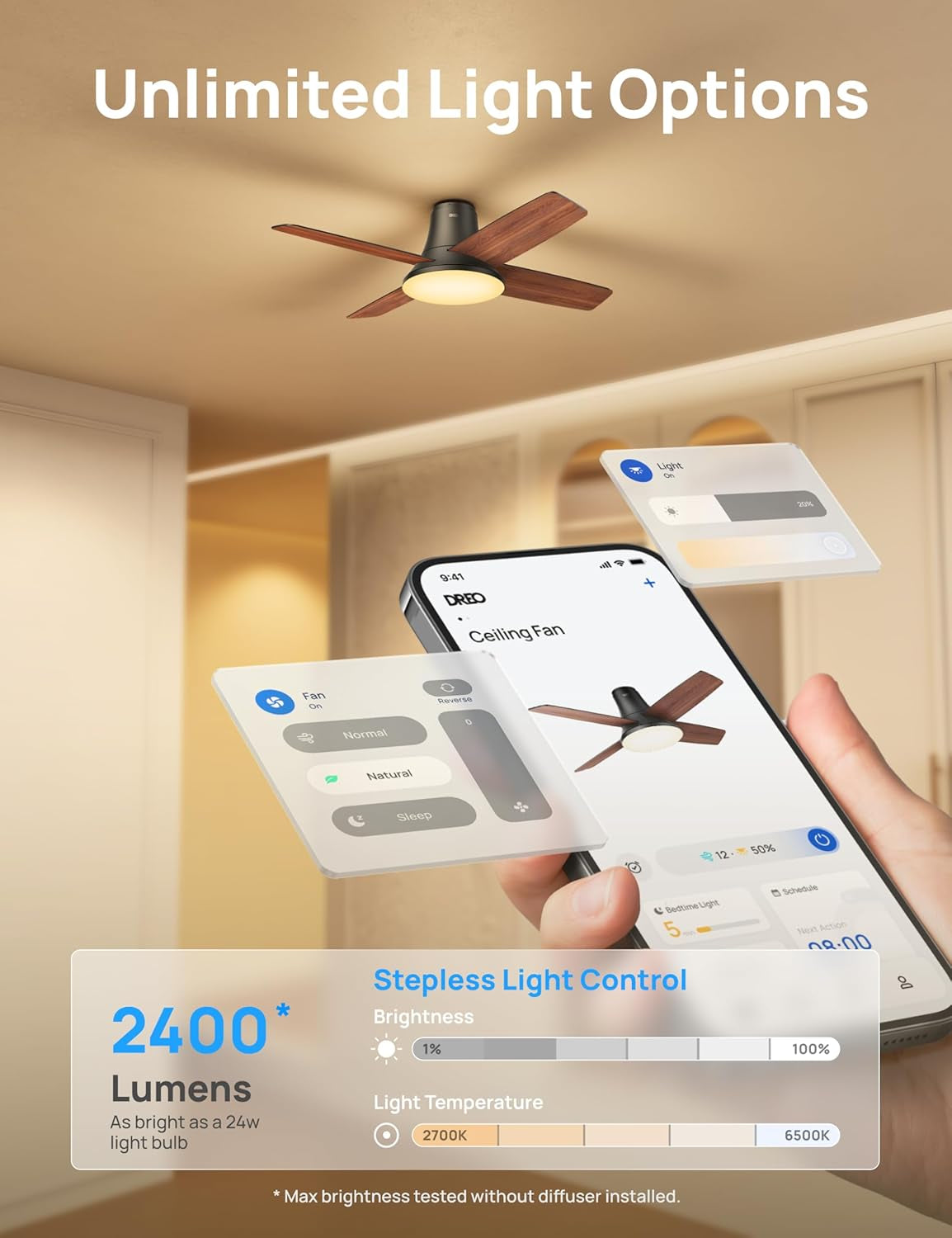 Smart Ceiling Fans with Lights and Remote, 12 Speeds & 3 Fan Modes, Quiet DC Motor, Easy to Install, Dimmable LED Ceiling Fans with App/Alexa Control, 12H Timer for Home, Indoor, Black, 44''