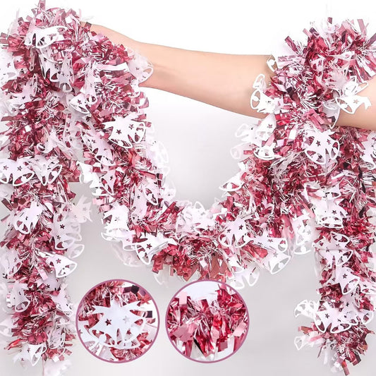 Mega-L Christmas Tinsel Garland Decorations, 26.25Ft Pink and White Jingling Bell Glittery Hanging Pink Xmas Decor for Holiday New Year Birthday Party Supplies Home Tree Mantel Women Indoor Outdoor