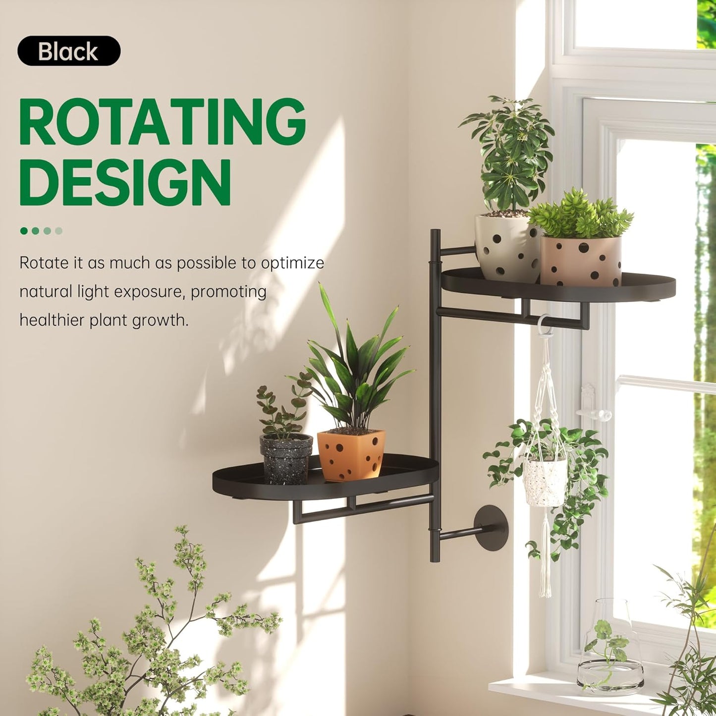 Rotating Window Plant Shelves for Multiple Plants Indoors,2-Tier Metal Corner Black Plant Stand Holder Floating Plant Shelf for Wall，Windows Sill Gifts for Plant Lovers to Enhance Home Decor