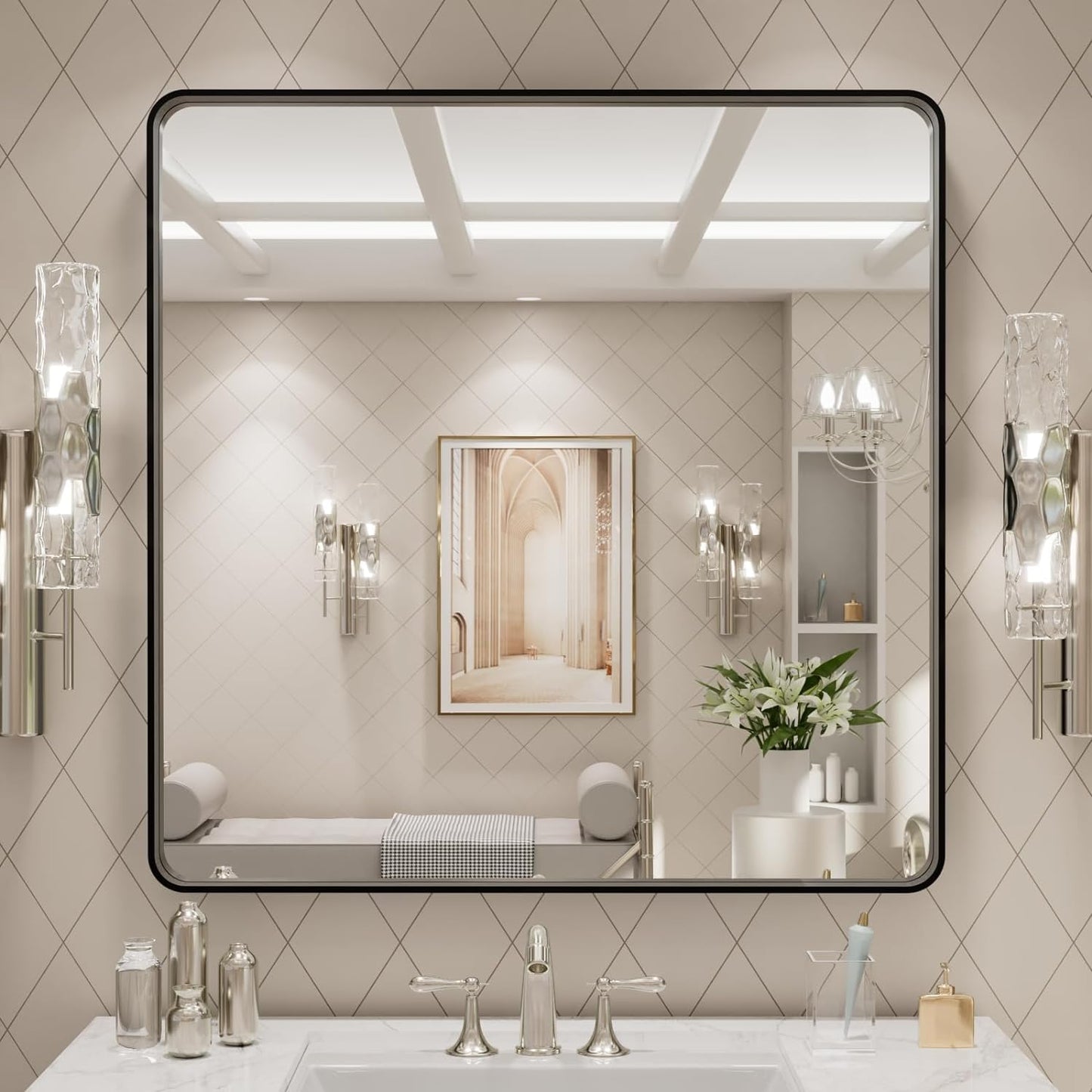 50X30 Inch Black Metal Framed Bathroom Mirror for Wall, Matte Black Bathroom Vanity Mirror Farmhouse, Large Rounded Rectangle Mirror, Anti-Rust, Tempered Glass, Hangs Horizontally or Vertically