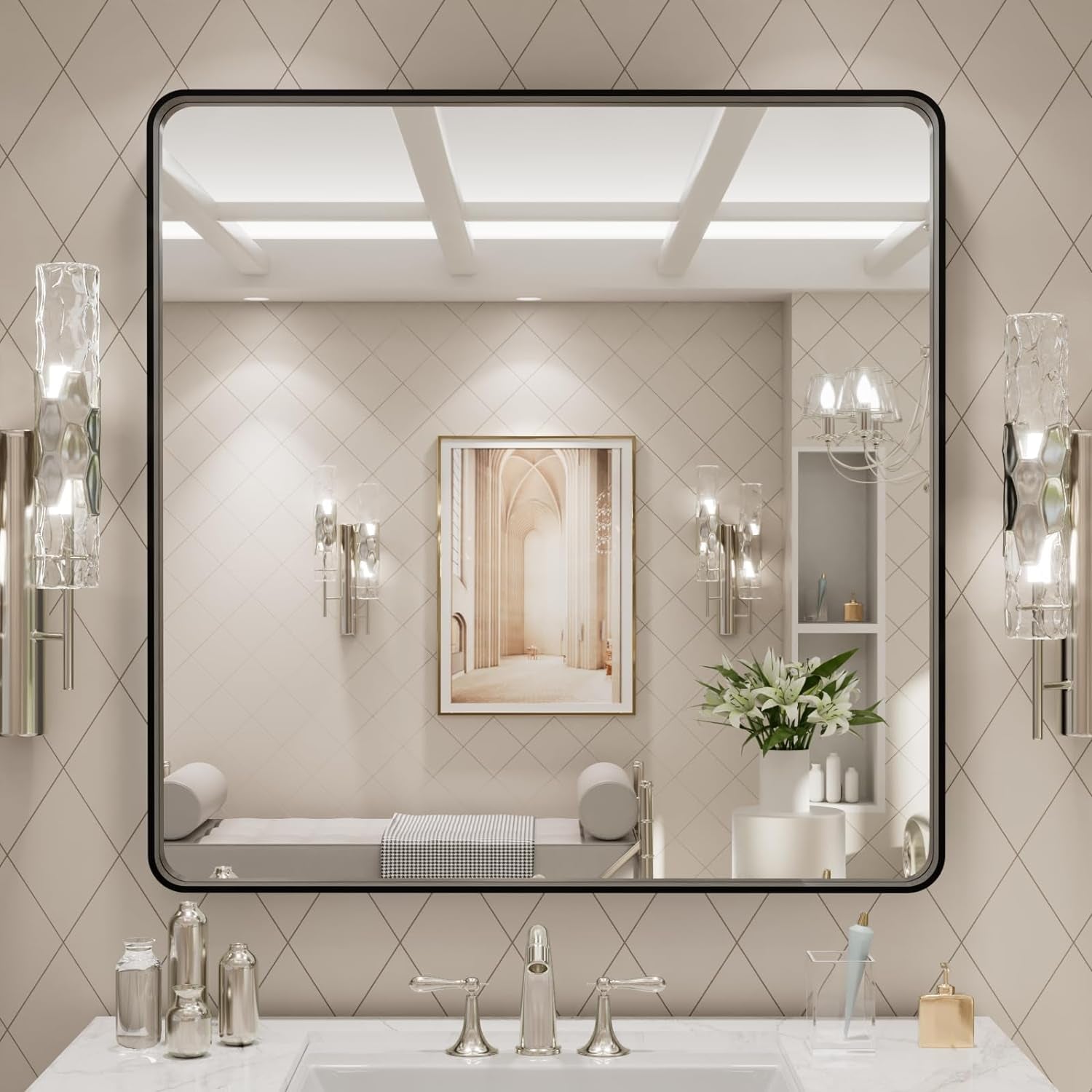 50X30 Inch Black Metal Framed Bathroom Mirror for Wall, Matte Black Bathroom Vanity Mirror Farmhouse, Large Rounded Rectangle Mirror, Anti-Rust, Tempered Glass, Hangs Horizontally or Vertically
