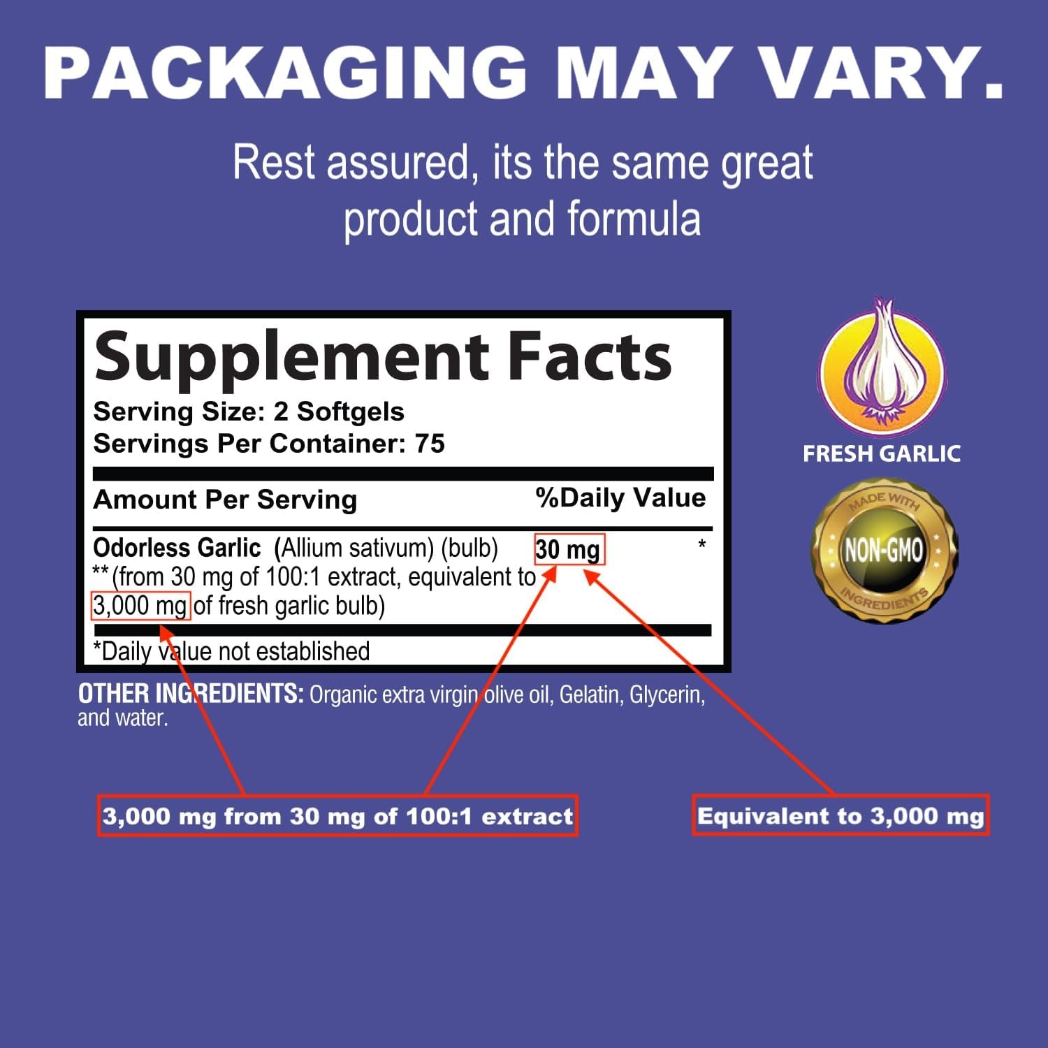 Odorless Garlic 3000 Mg per Serving Immune System Support - 150 Soft Gels TLBH