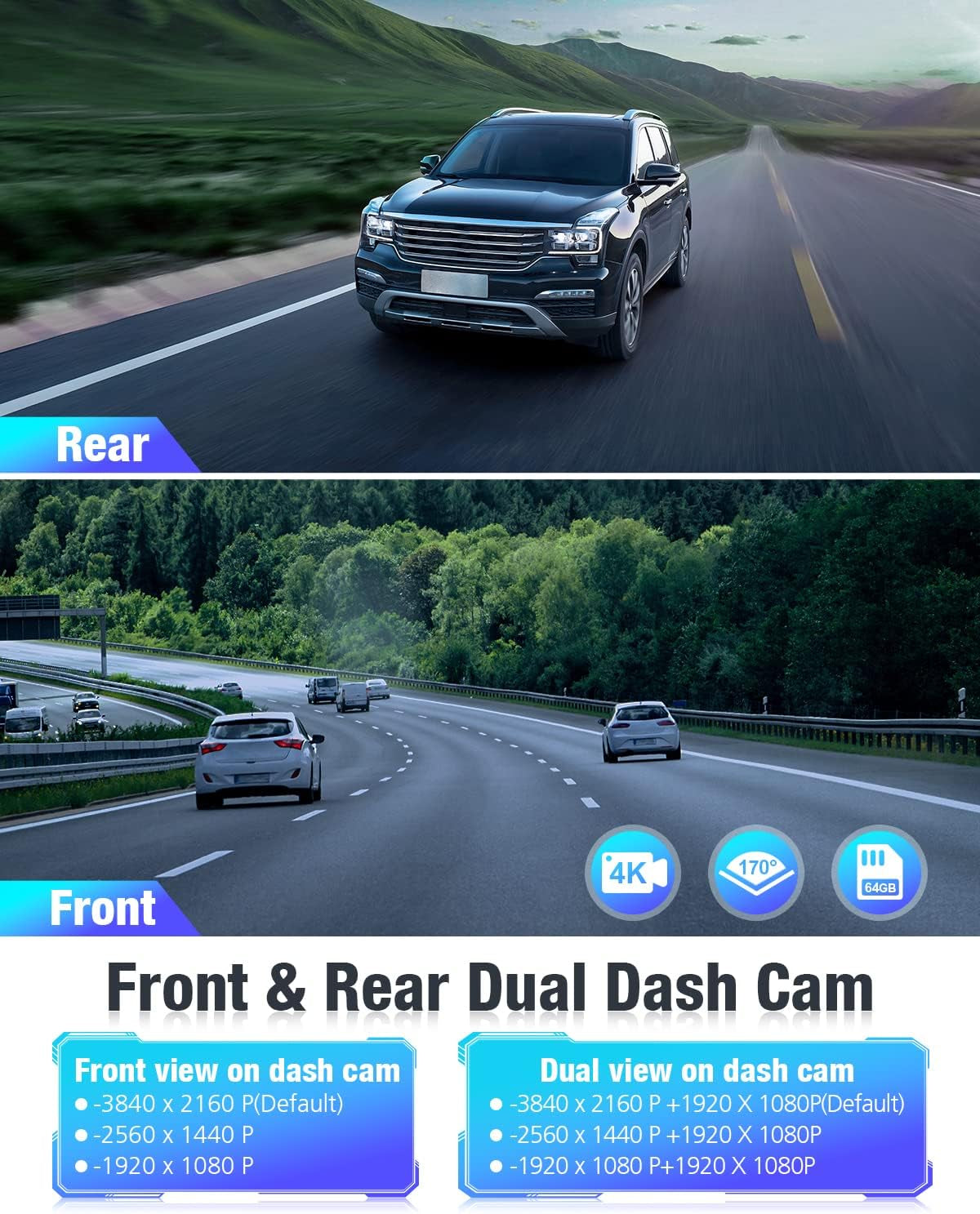 Dash Cam Front and Rear 4K/2K/1080P+1080P 5G Wifi GPS, Dash Camera for Cars with 64G SD Card, Dual Dash Cam with WDR Night Vision, 24H Parking Mode,170°Wide, G-Sensor, Loop Recording, APP
