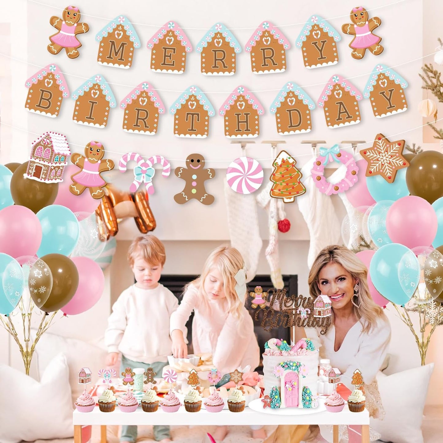 Christmas Birthday Decorations,Pink Gingerbread Man Merry Birthday Theme Banner Candy House Cake Topper Latex Balloons for Boys Girls Birthday Party Supplies Baby Shower