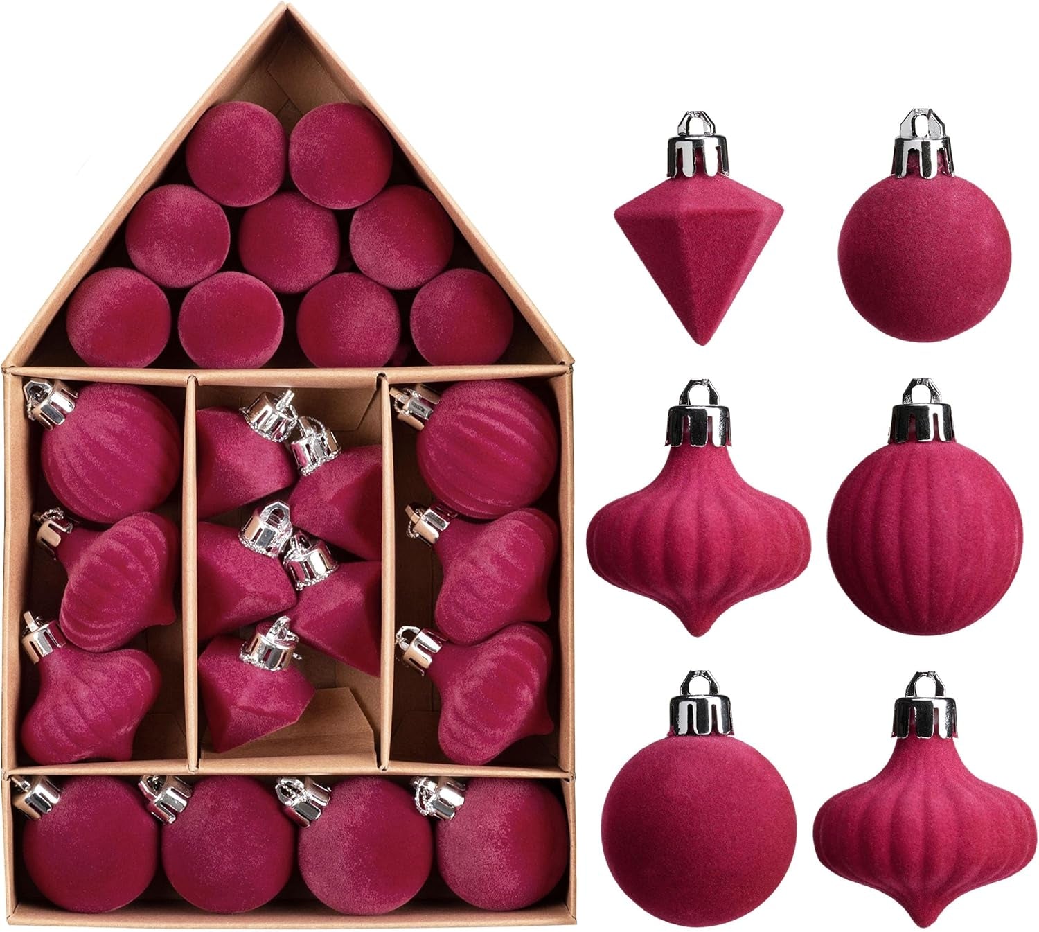 Mini Velvet Christmas Ornaments, 24Ct Hot Pink Small Velvet Ornaments for Christmas Tree, Shatterproof Flocked Christmas Tree Ornaments Decorations for Home, New Year, Valentines Day