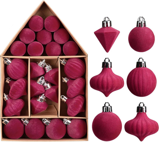 Mini Velvet Christmas Ornaments, 24Ct Hot Pink Small Velvet Ornaments for Christmas Tree, Shatterproof Flocked Christmas Tree Ornaments Decorations for Home, New Year, Valentines Day