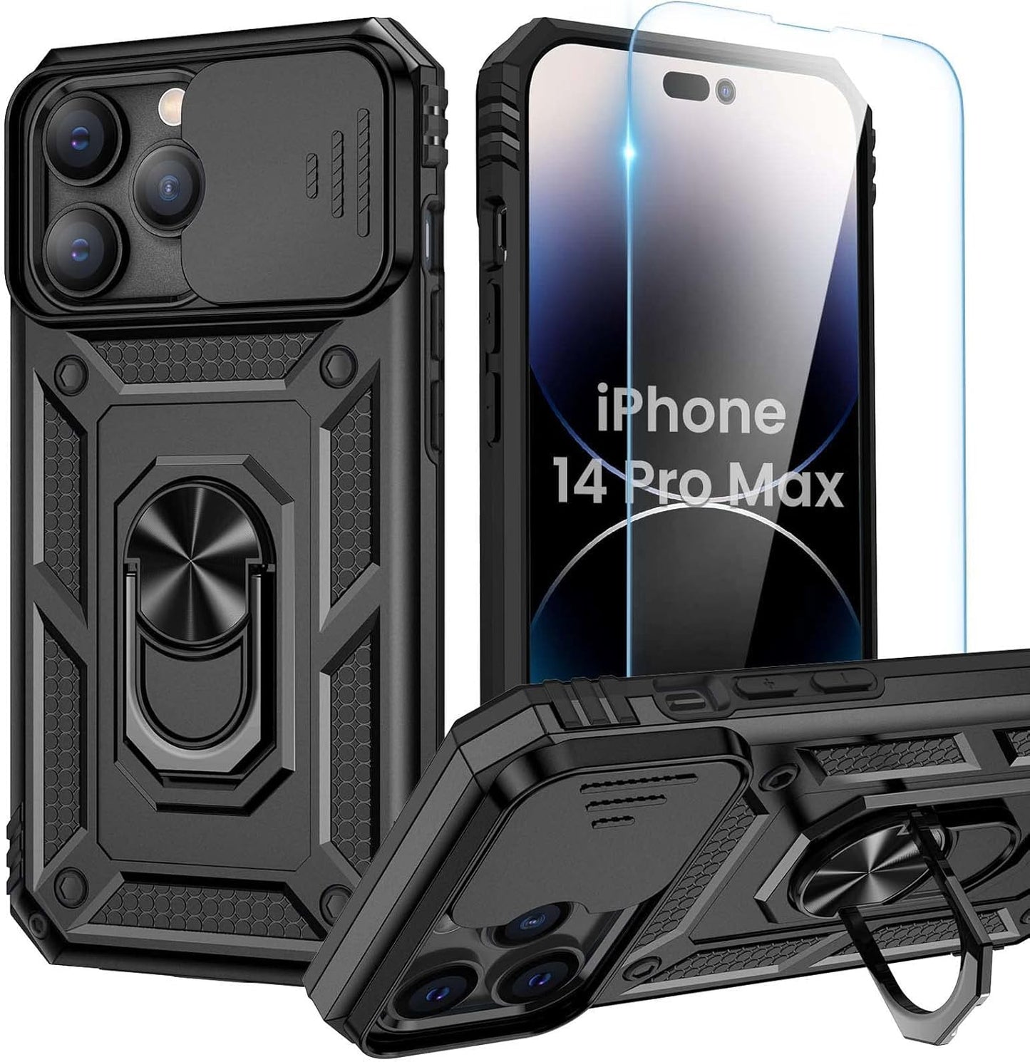 Compatible for Iphone 16 Case with Screen Protector - Slide Camera Cover Protective Phone Case with Ring Stand, Heavy Duty Shockproof Rugged Bumper for Iphone 16 Accessories Blue
