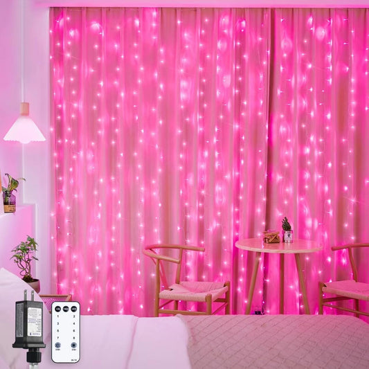 300 LED Pink Christmas Curtain Lights Indoor, Pink String Lights Plug In, 8 Modes Pink Fairy Lights for Bedroom Window Wall Party Backdrop Valentine Xmas Decorations, 9.8X9.8Ft