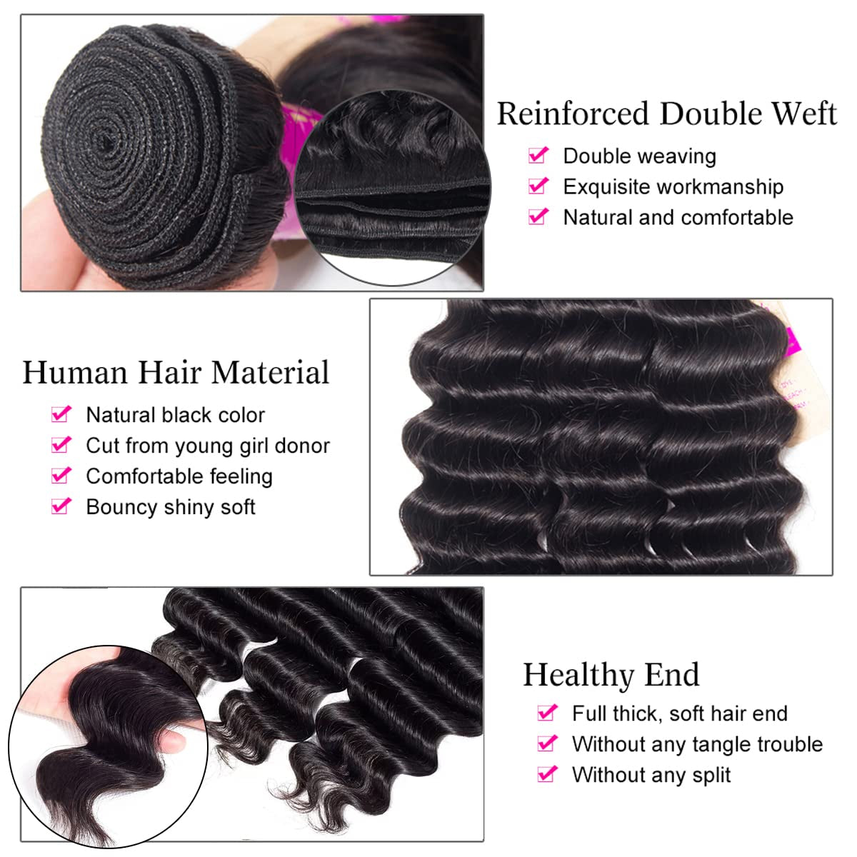 12A Loose Deep Wave Bundles Human Hair 3 Bundles Brazilian Virgin Hair Loose Deep Human Hair Bundles 100% Unprocessed Human Hair Wavy Bundles Natural Black Color for Women(16 18 20 Inches)