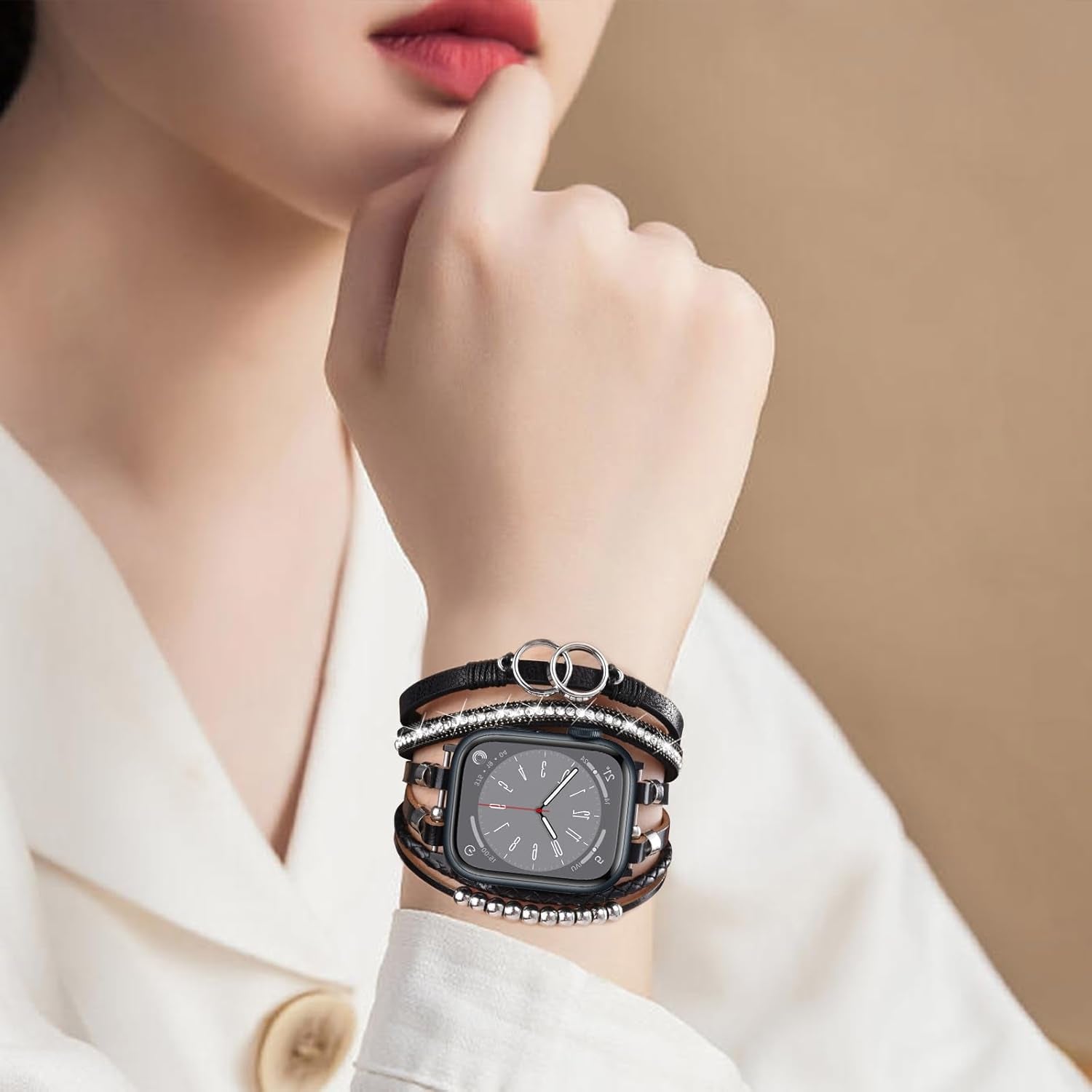 Boho Leather Bracelet Compatible with Apple Watch Band 38Mm 40Mm 41Mm Women, Handmade Multilayer Wrap Beaded Jewelry Apple Watch Strap for Iwatch Series 9 8 7 6 5 4 3 2 1 Black