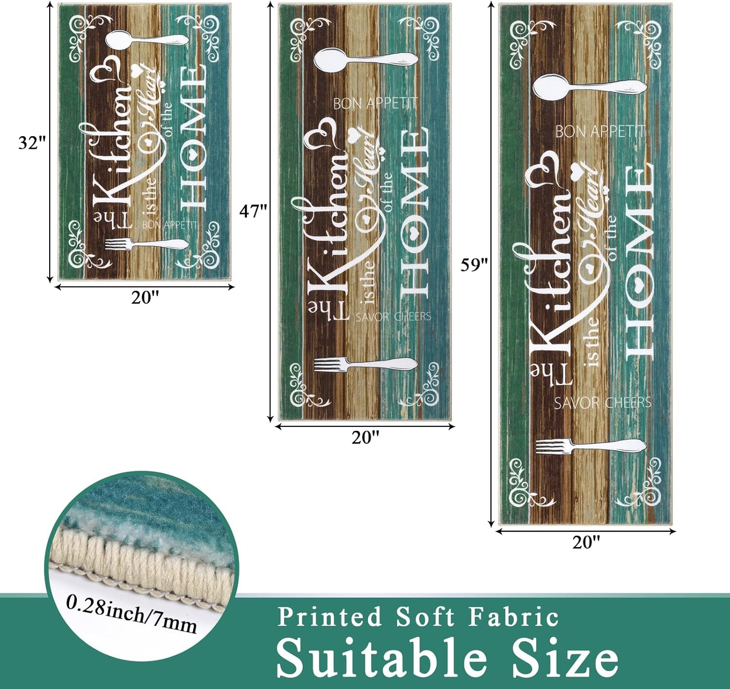 Boho Kitchen Rug Sets 3 Pieces, Washable Kitchen Mats for Floor, Non Slip Soft Kitchen Area Rug Floor Mat for Kitchen, Laundry Room and Hallway (Teal, 20''X32''+20''X47''+20''X59'')